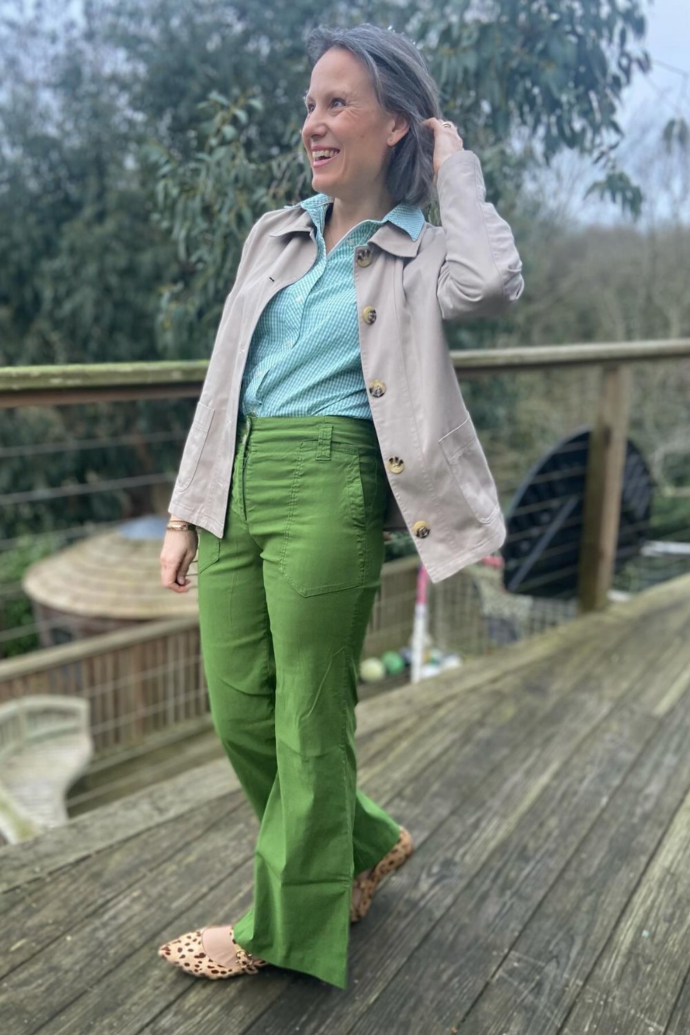  Light Blue Gingham and Green Pants