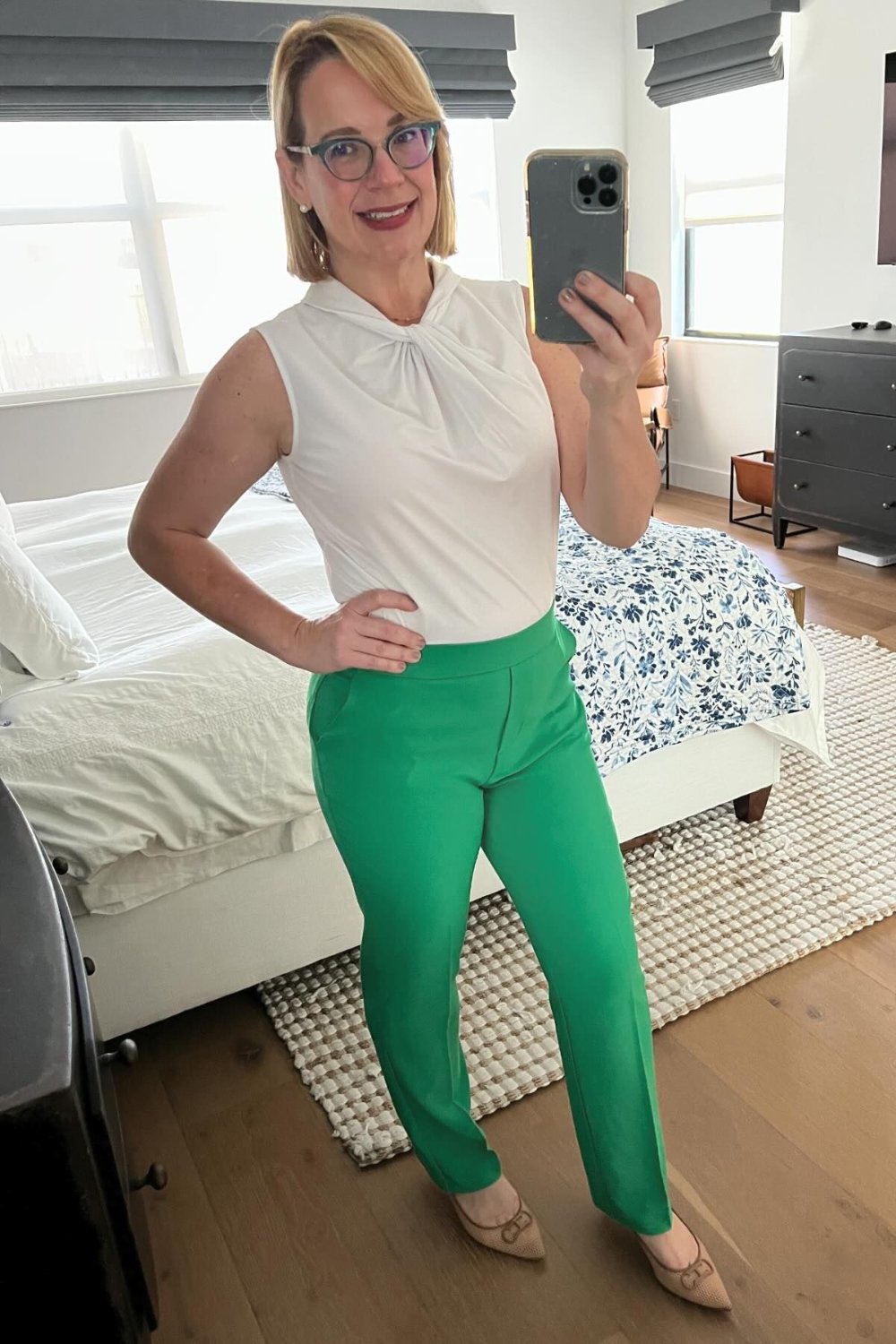 White Sleeveless Top and Green Tailored Pants