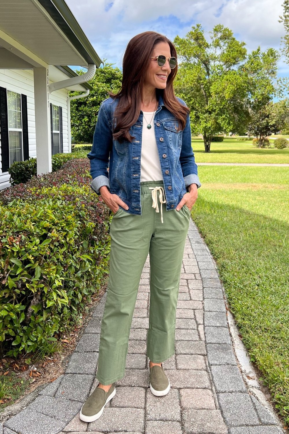 Denim Jacket and Olive Green Drawstring Pants