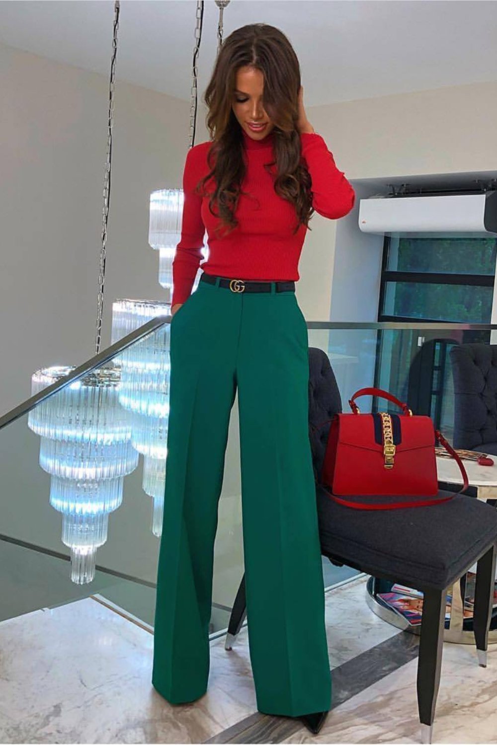 Red Top and Green Wide-Leg Trousers