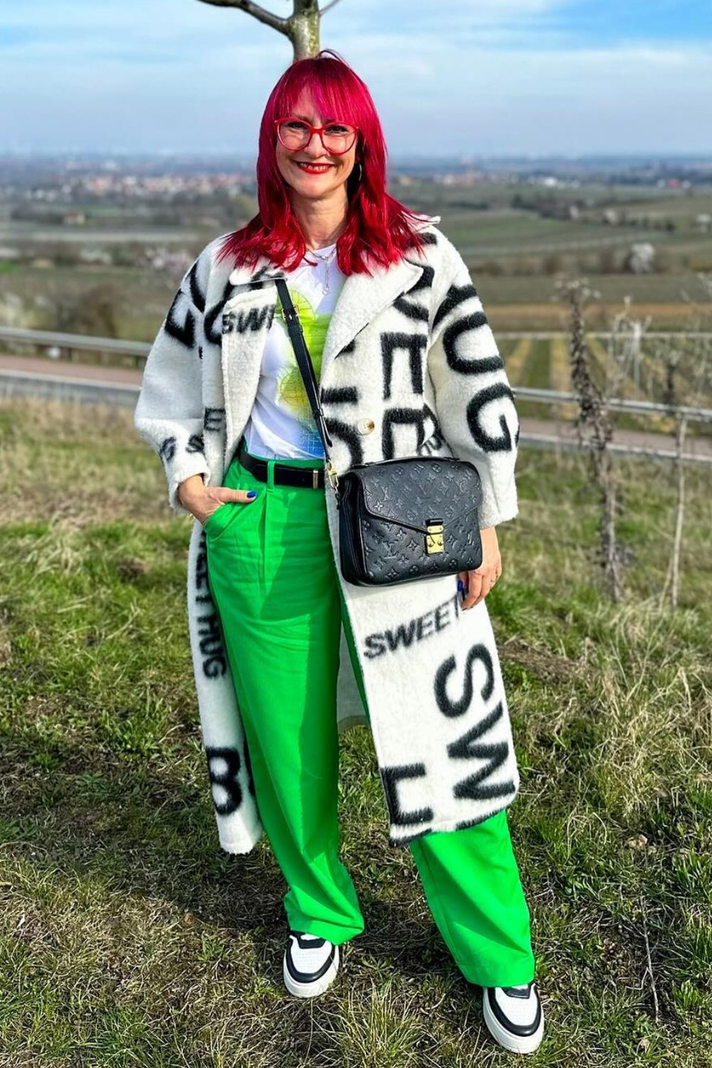 Graphic Tee and Bright Green Pants