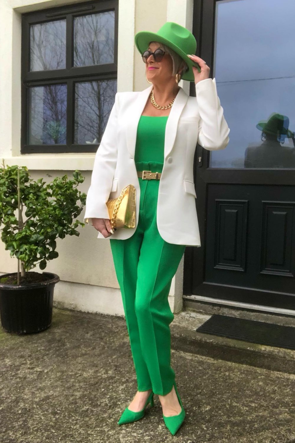 Green Monochrome with White Blazer