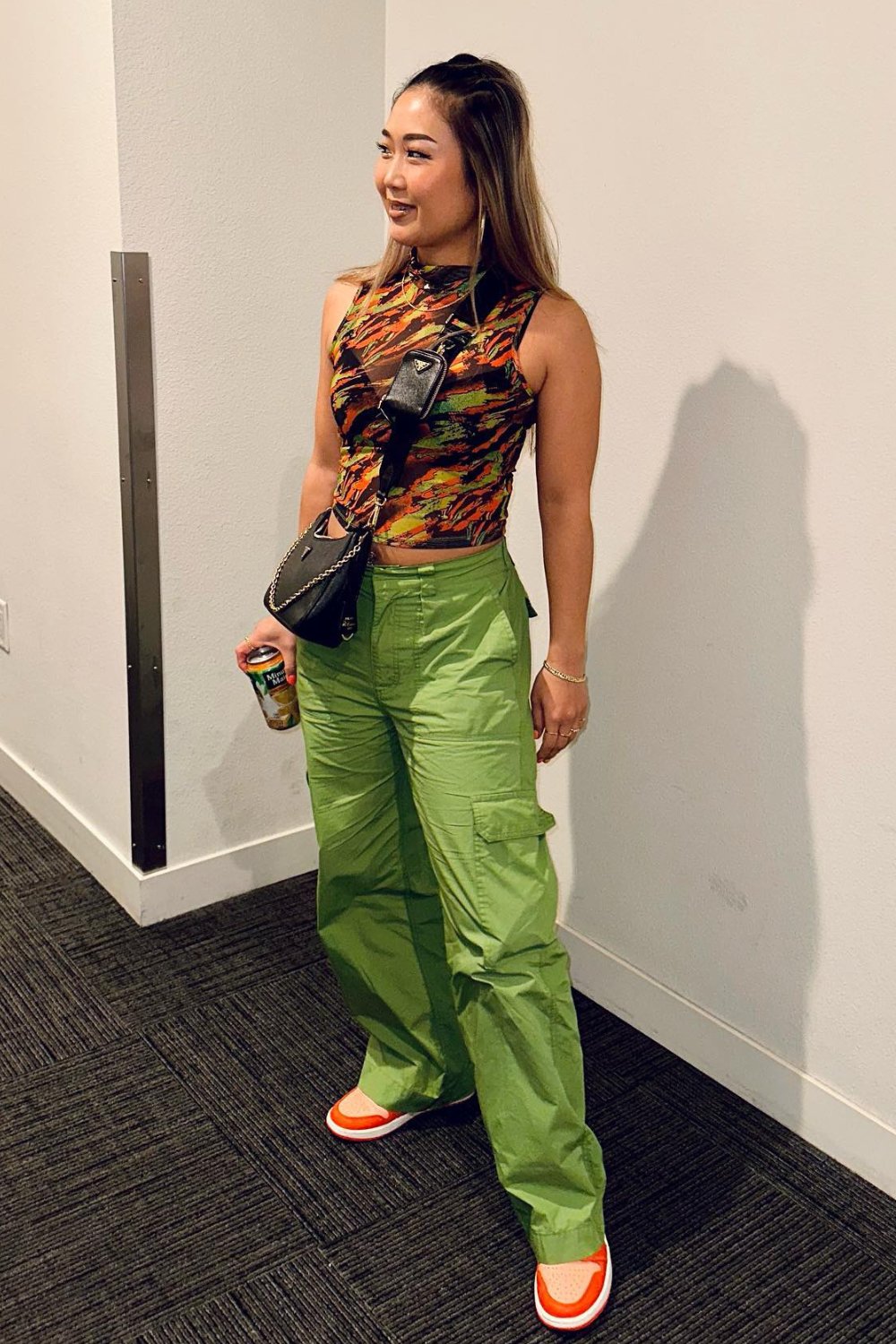 Printed Crop Top and Bright Green Cargo Pants