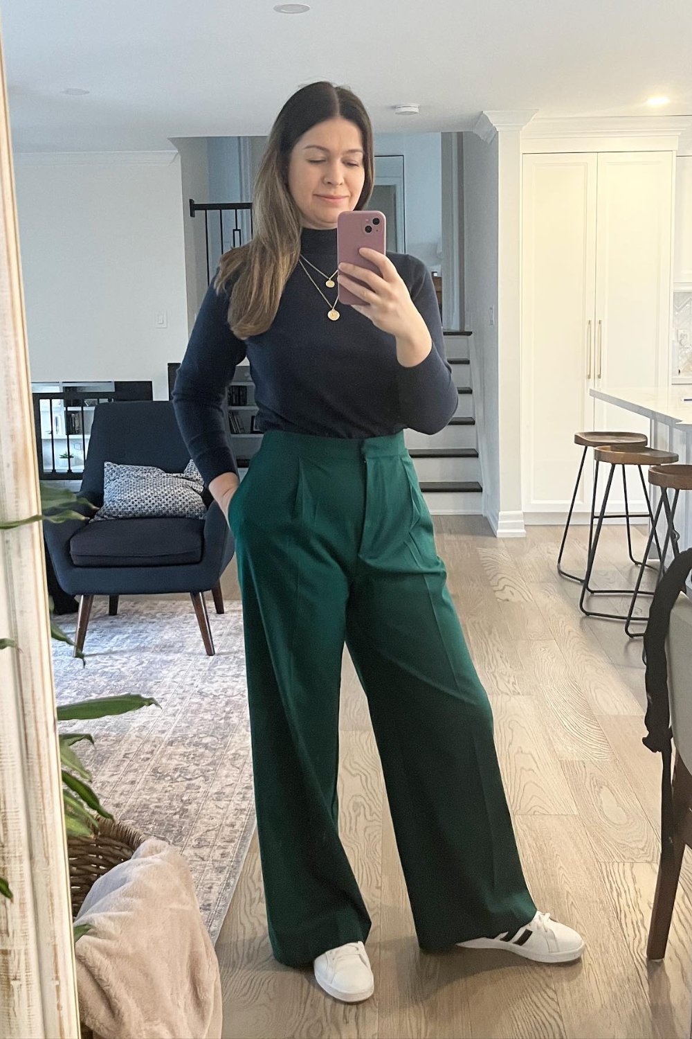 Black Turtleneck and Emerald Wide-Leg Trousers