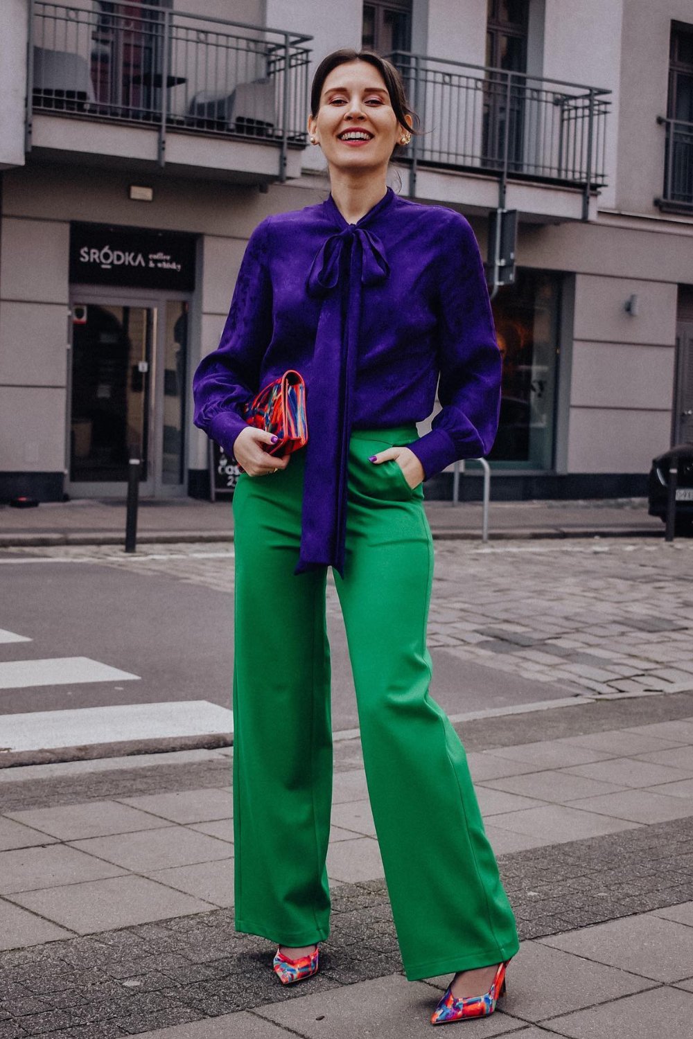 Purple Pussy-Bow Blouse and Bright Green Pants