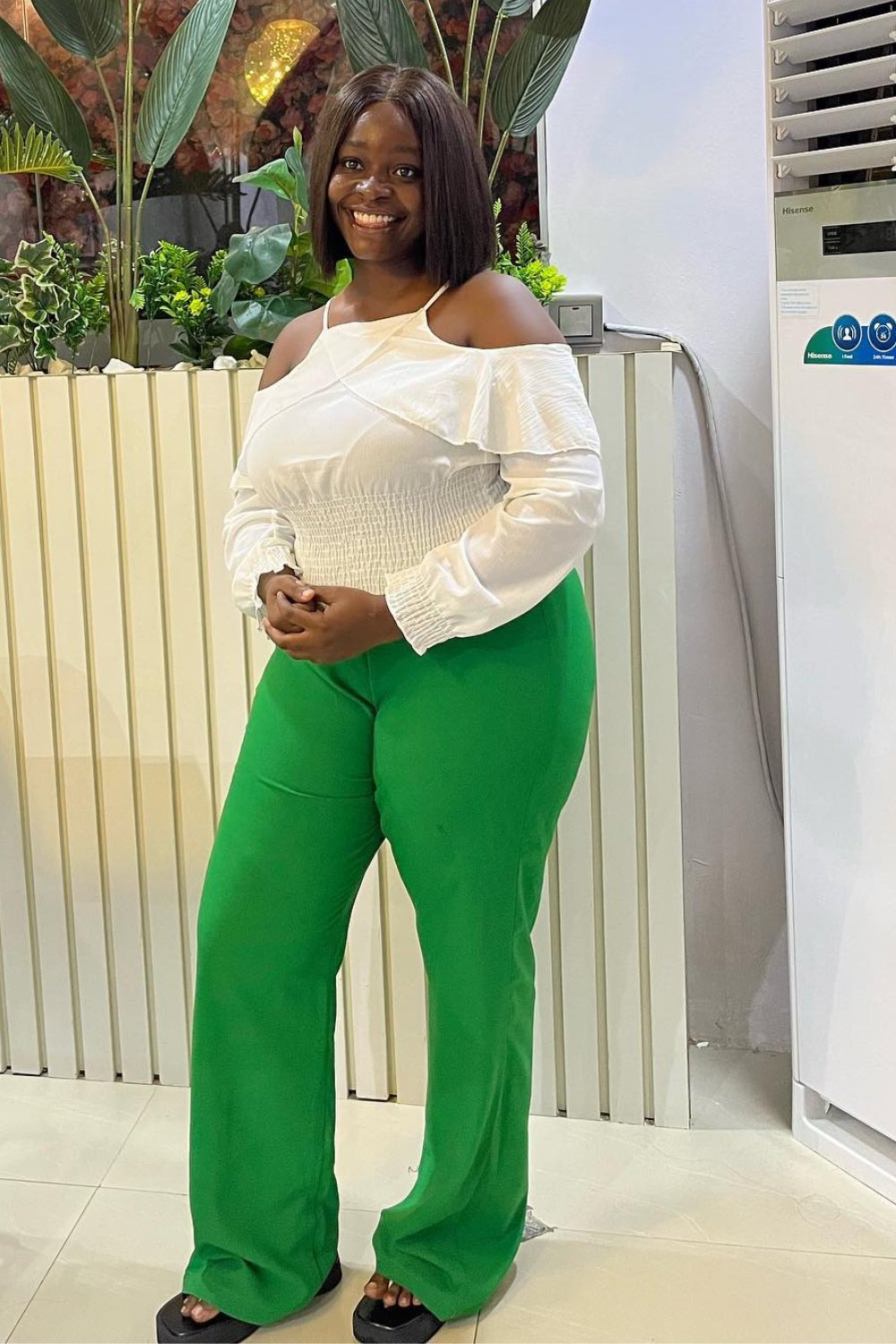 White Off-Shoulder Crop Top and Green Wide-Leg Pants