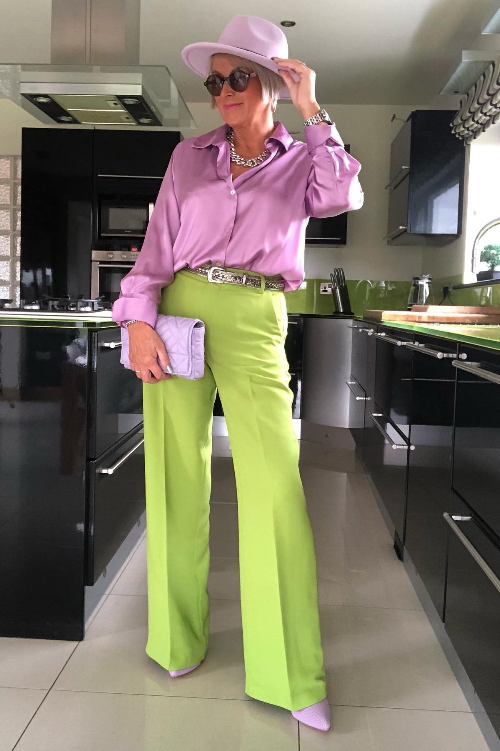 Lavender Button-Up and Lime Green Trousers