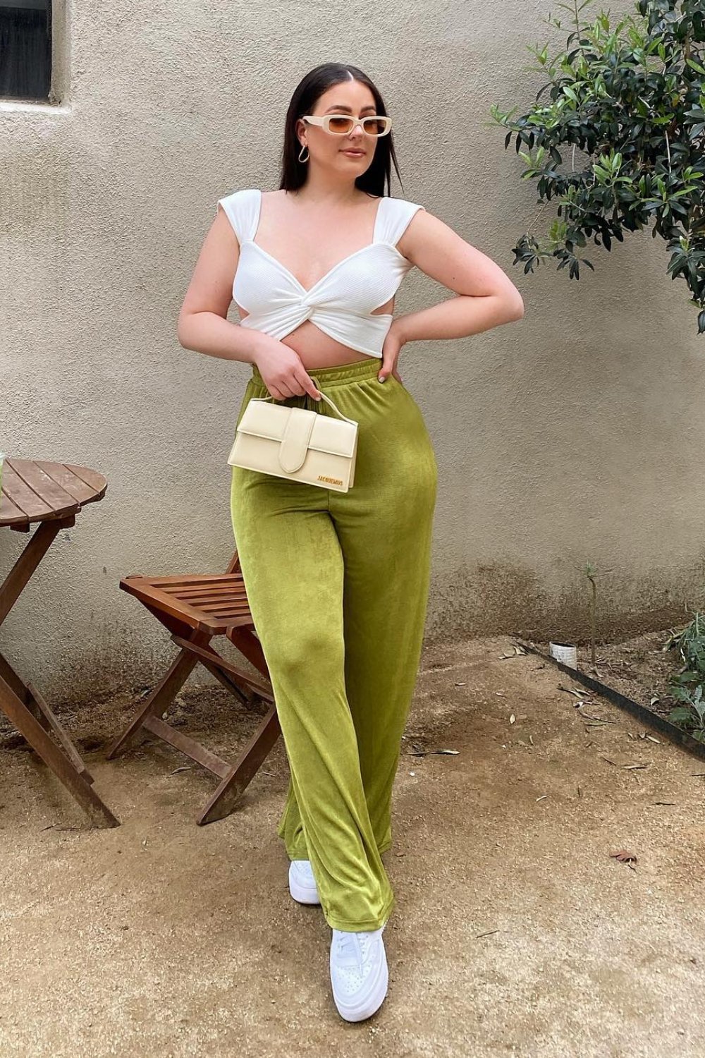 White Twisted Crop Top and Olive Green Velvet Pants