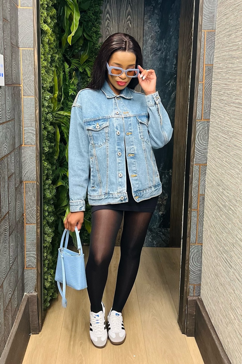 Oversized Denim Jacket with Mini Dress and Tights