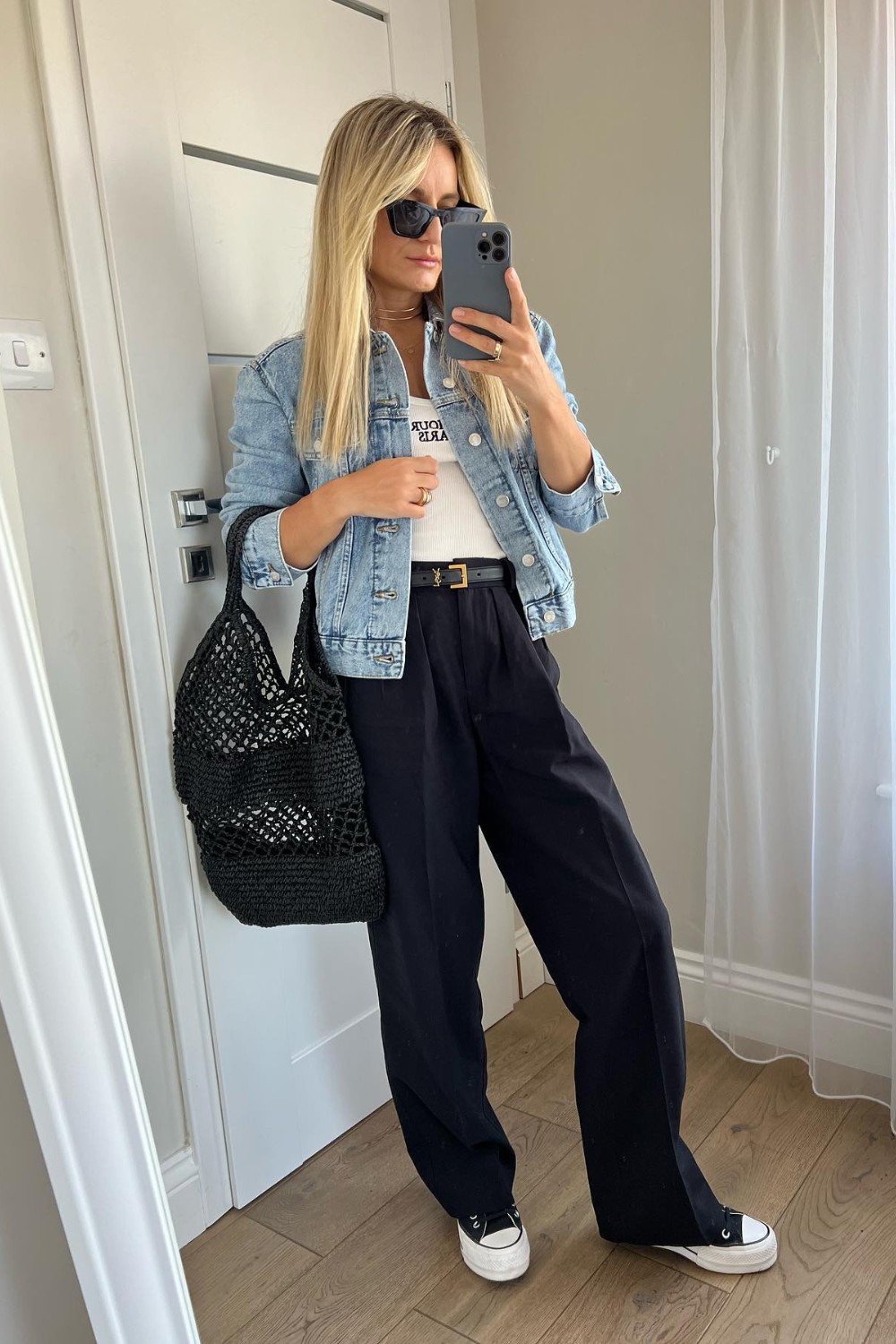 Denim Jacket with Wide-Leg Trousers