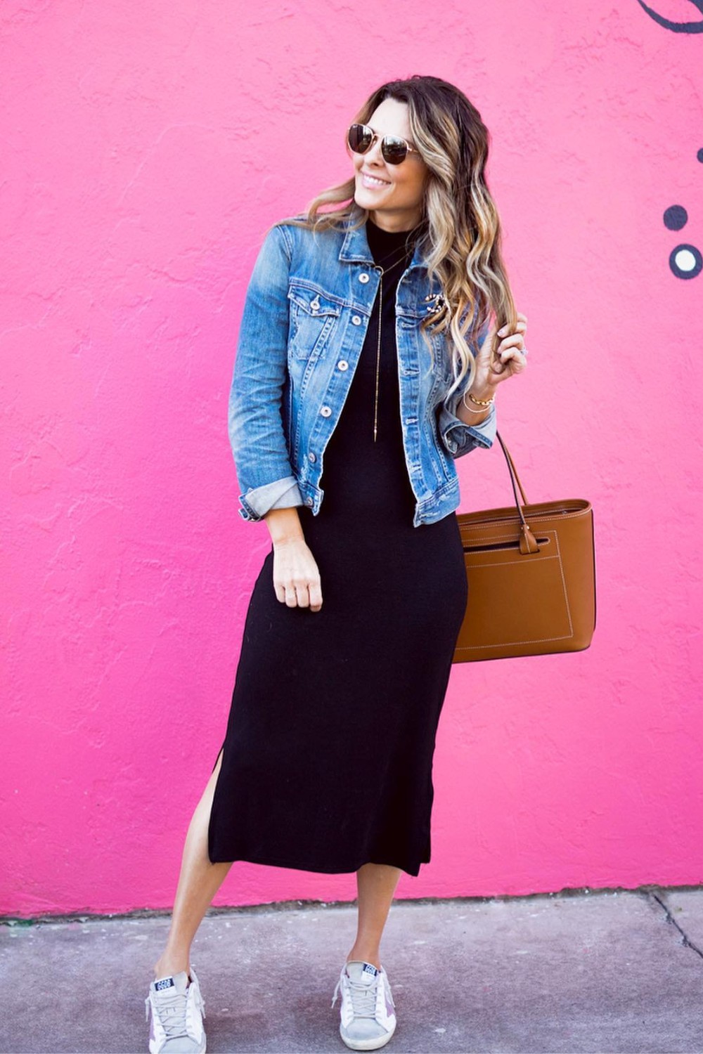 Denim Jacket with Black Midi Dress