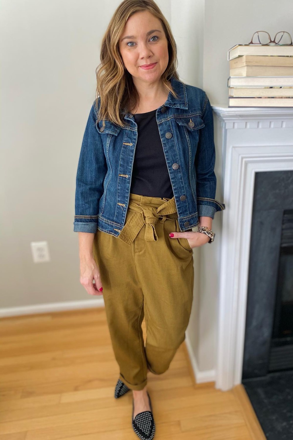 Dark Denim Jacket with Mustard Pants