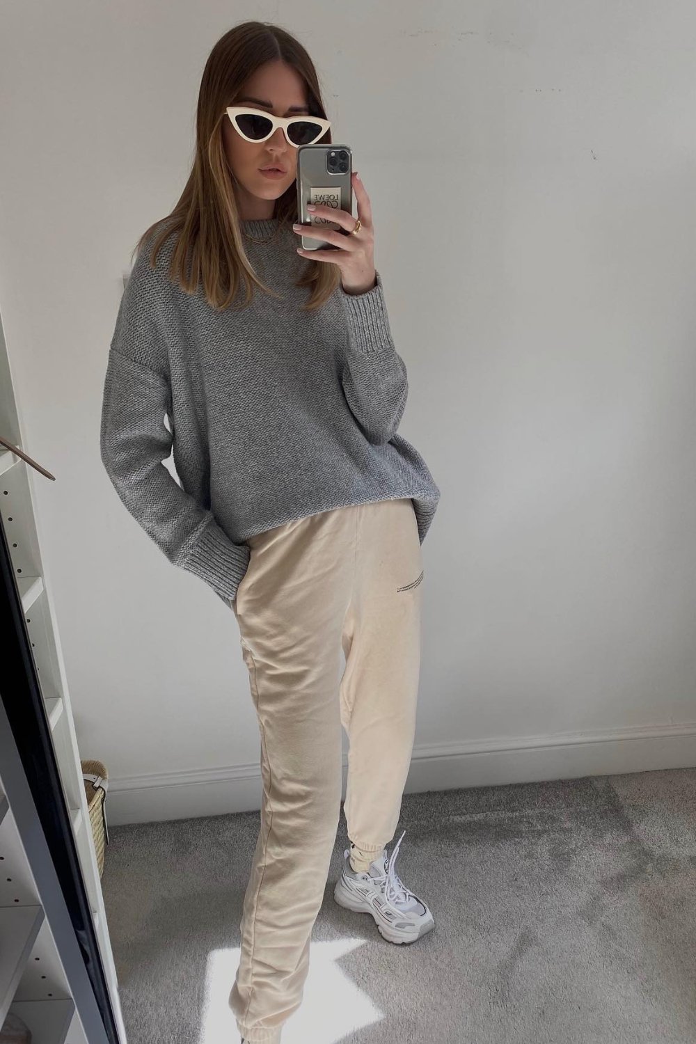 Gray Sweater and Beige Sweats