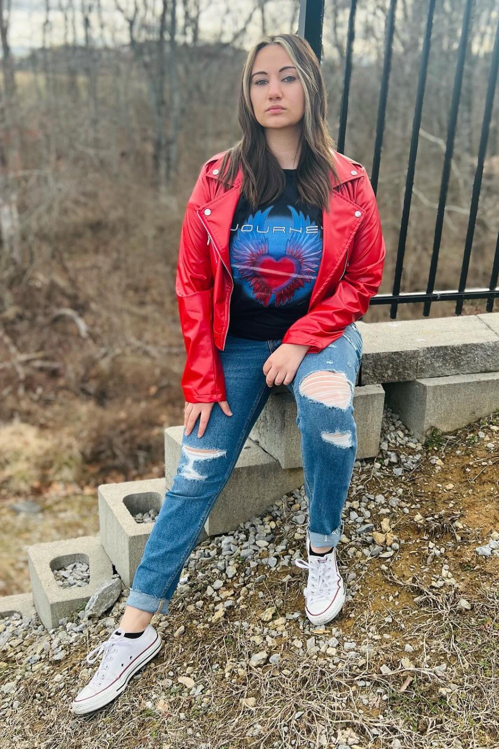 Red Leather Jacket and Distressed Jeans