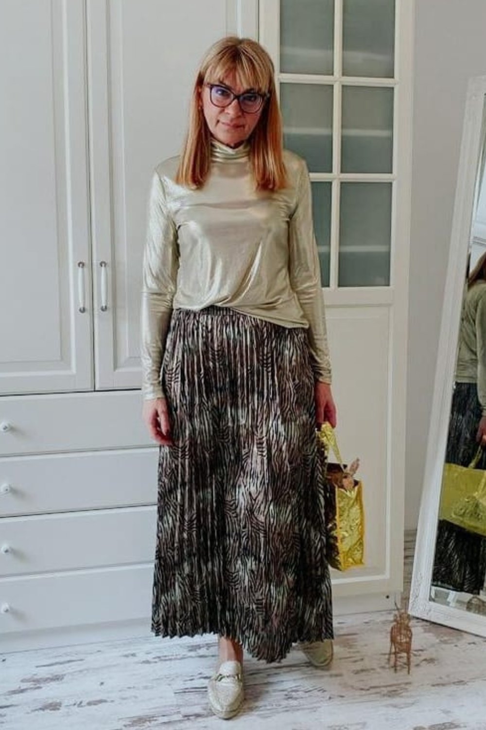 Gold Turtleneck and Animal Print Skirt