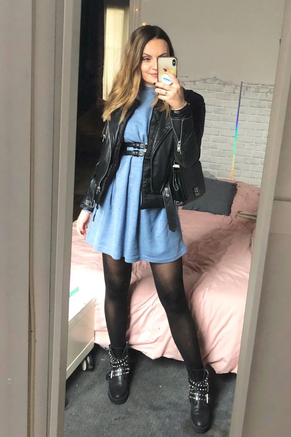 Blue Mini Dress and Black Leather Jacket