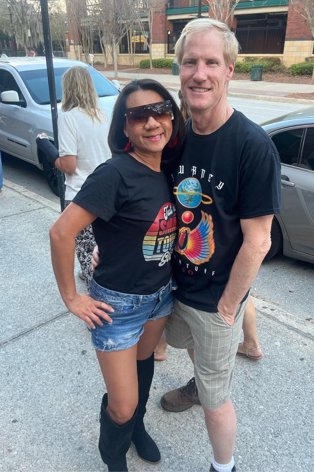 Black Graphic Tee, Denim Shorts, and Knee-High Boots