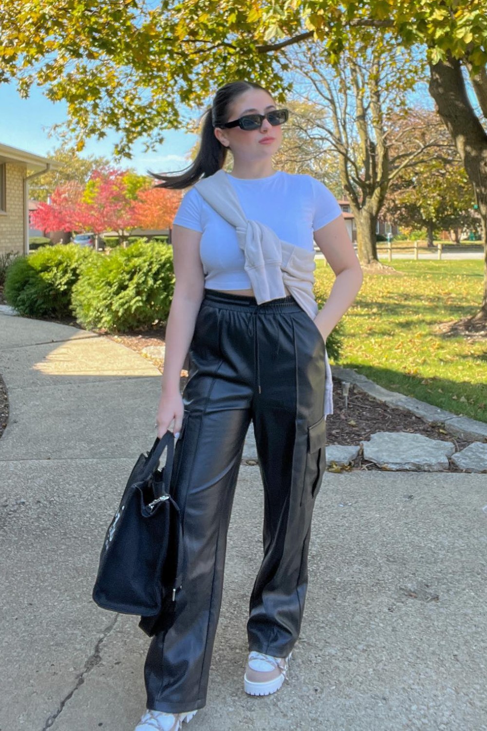 White Tee and Faux Leather Wide-Leg Pants