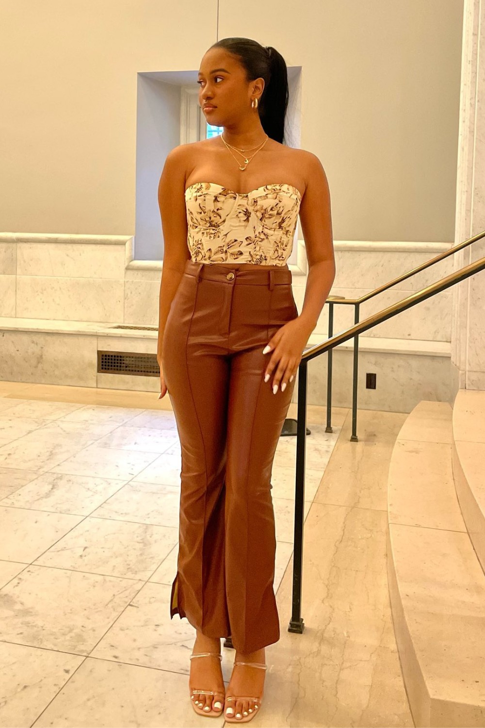 Strapless Corset Top and Brown Leather Pants