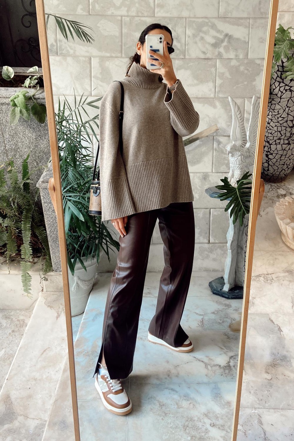 Beige Turtleneck and Wide-Leg Leather Pants