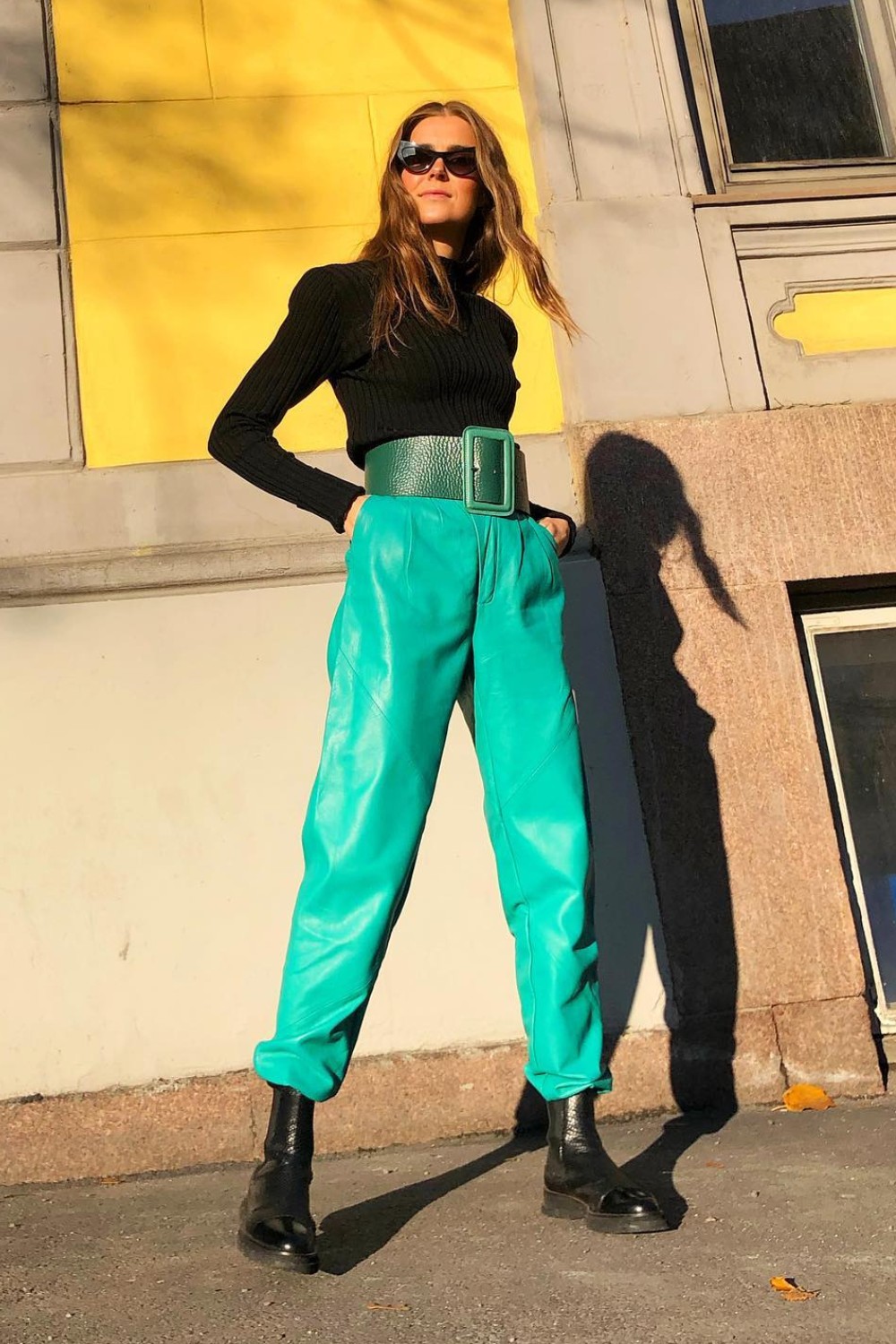 Teal Leather Pants and Black Turtleneck