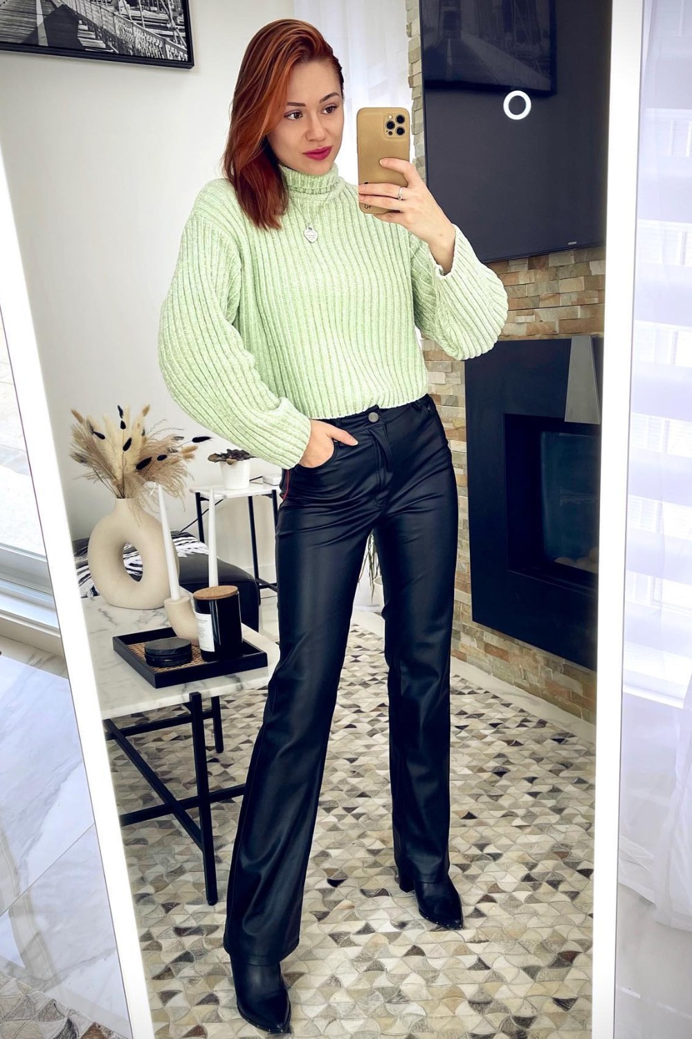 Mint Ribbed Turtleneck and Black Leather Pants