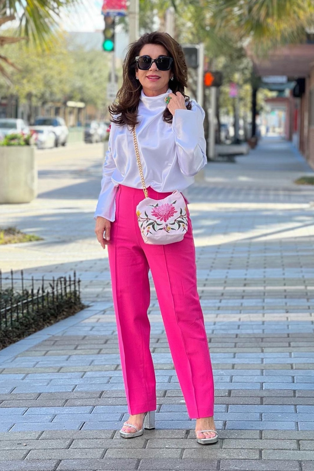 Sleek and Sophisticated: White Satin Top and Hot Pink Trousers