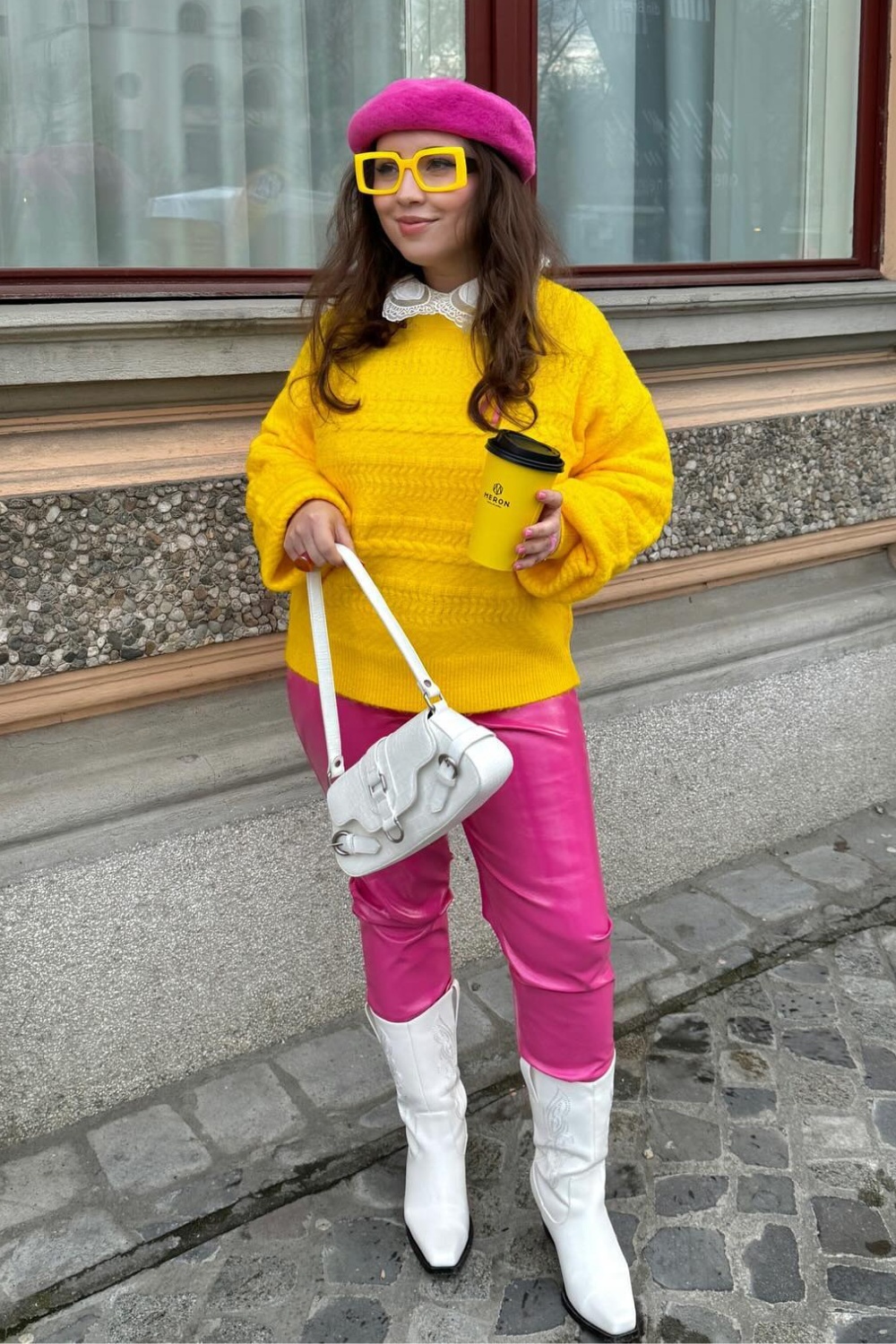 Bold Color Blocking: Yellow Sweater and Hot Pink Leather Pants