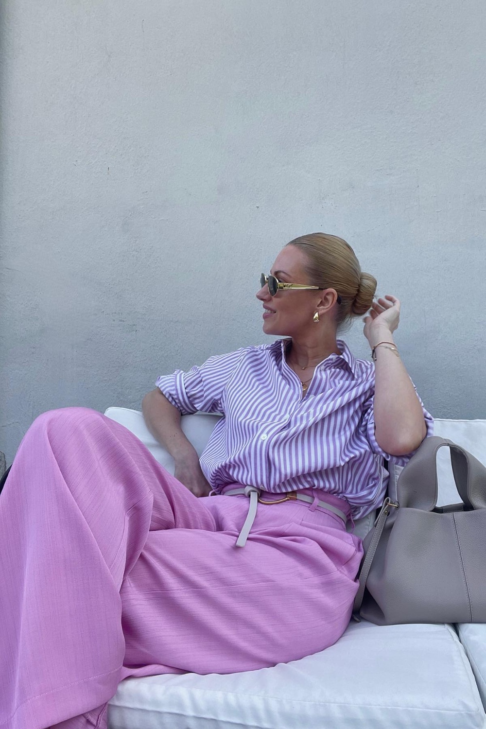 Colorful Office Wear: Purple Striped Shirt and Light Pink Trousers