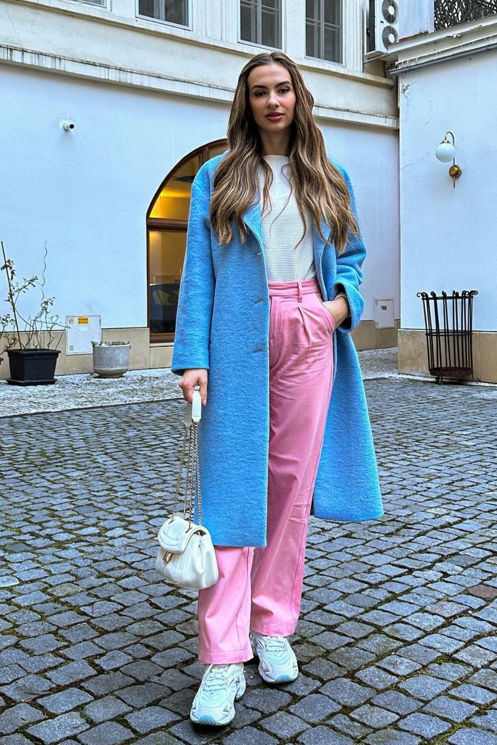 Layered Look: Sky Blue Coat and Pink Trousers