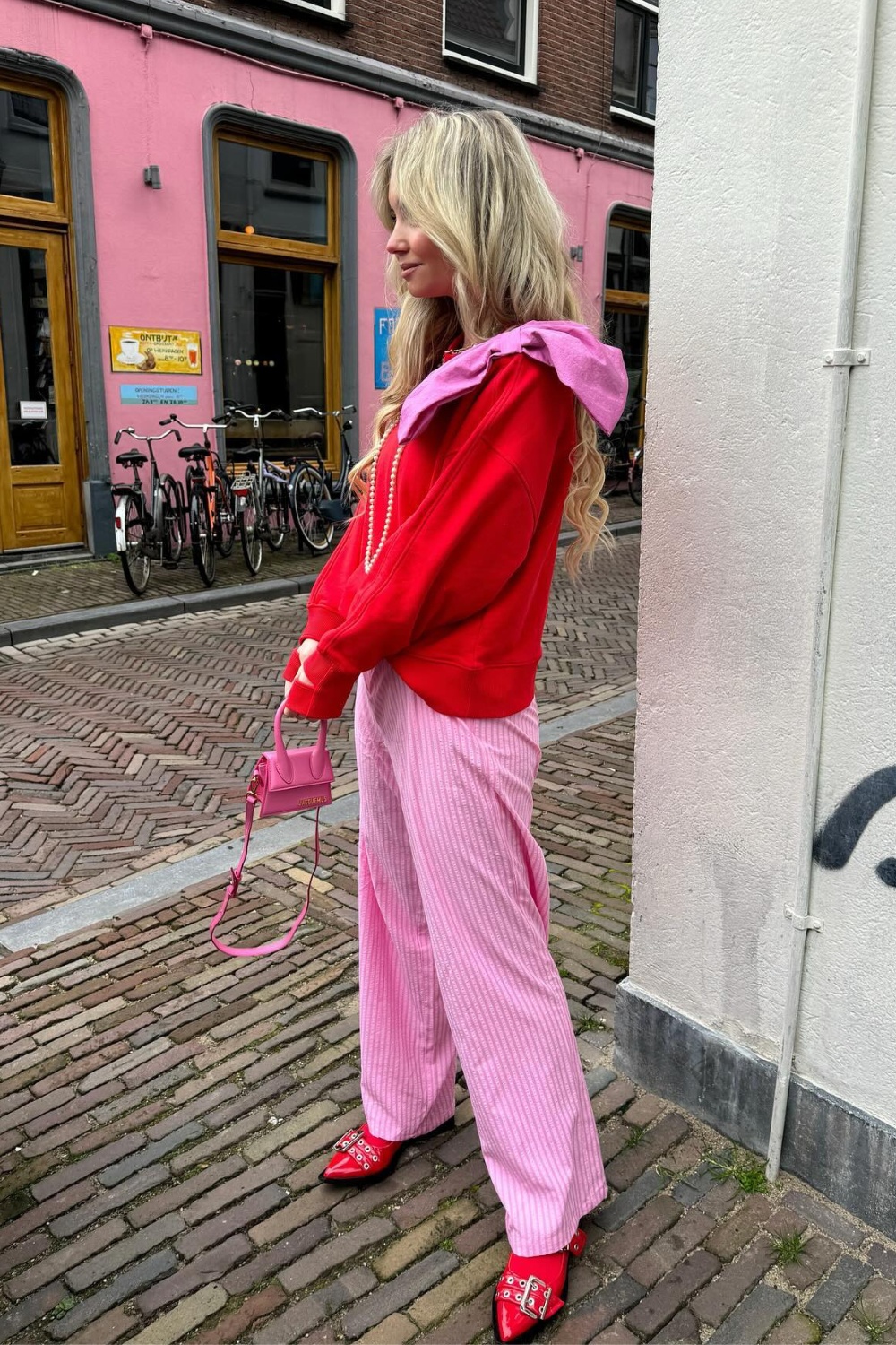 Cozy Casual: Red Hoodie and Pink Corduroy Pants