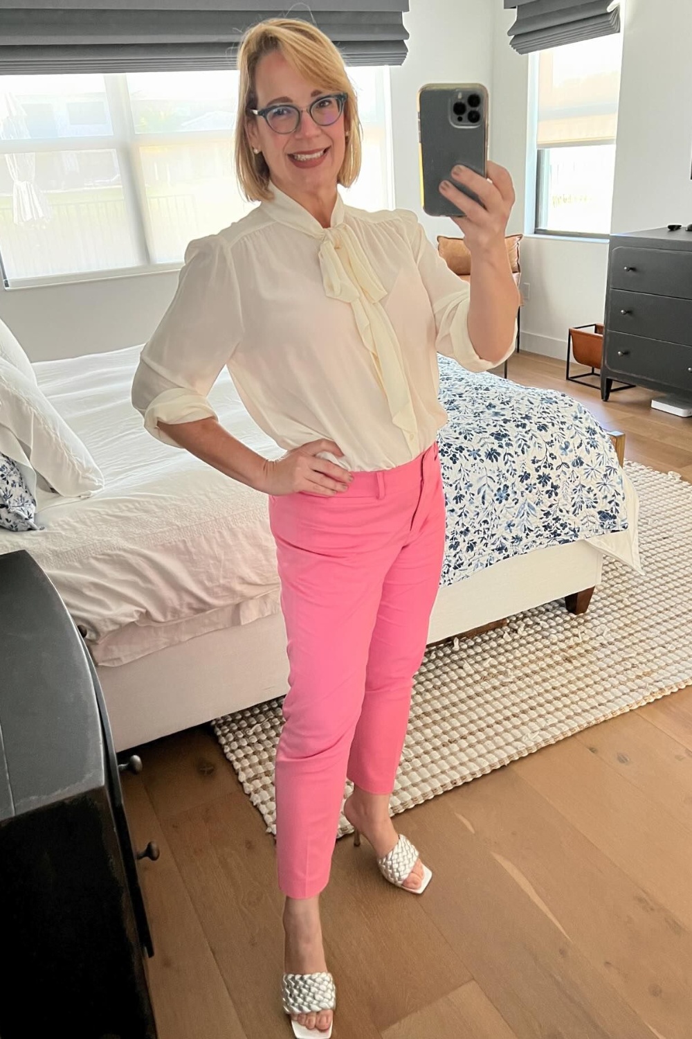 Feminine Flair: Cream Blouse and Pink Trousers