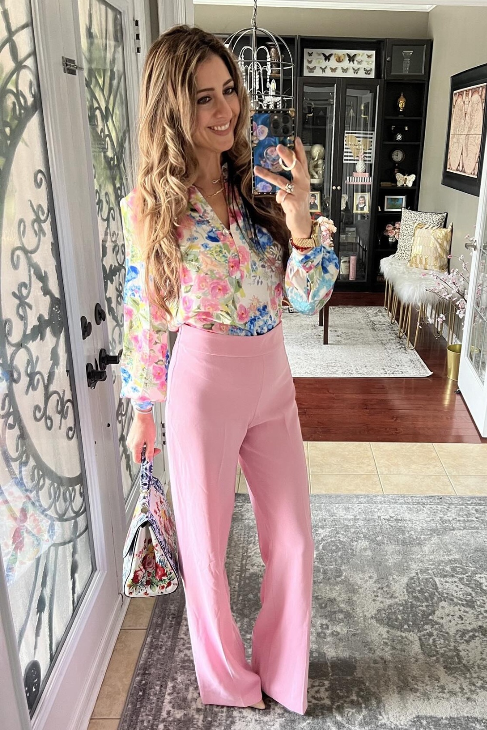 Floral Fantasy: Pastel Blouse and Pink Trousers