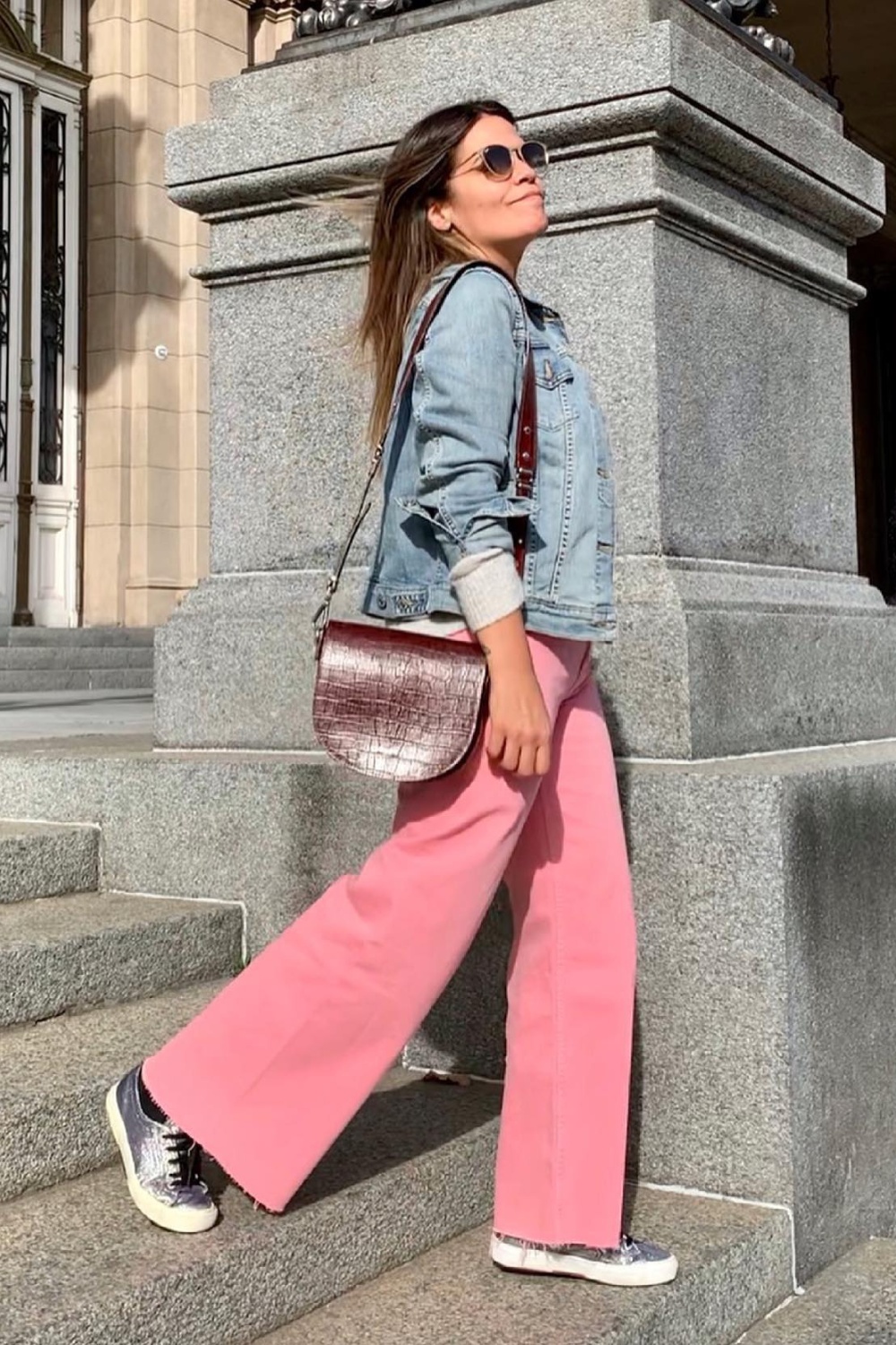 Denim and Pink: Light Wash Jacket and Pink Trousers