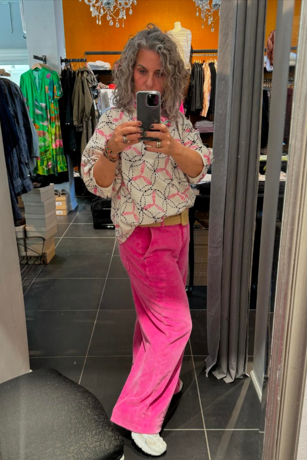 Casual Cool: White Patterned Blouse and Pink Wide-Leg Pants