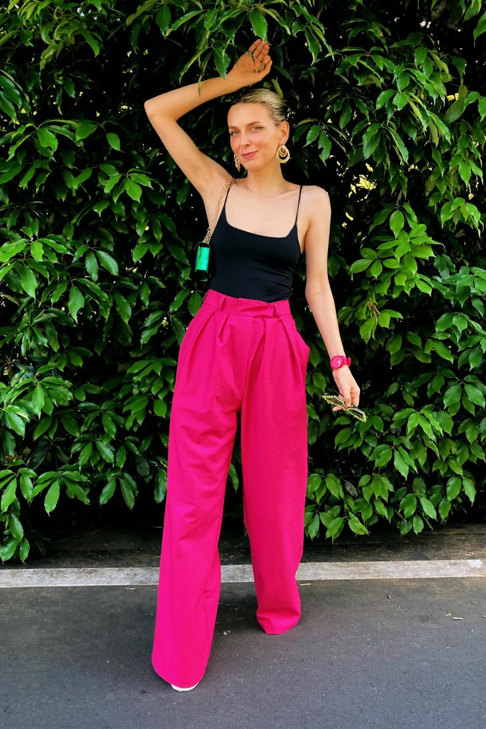 Sleek and Simple: Black Tank and Hot Pink Trousers