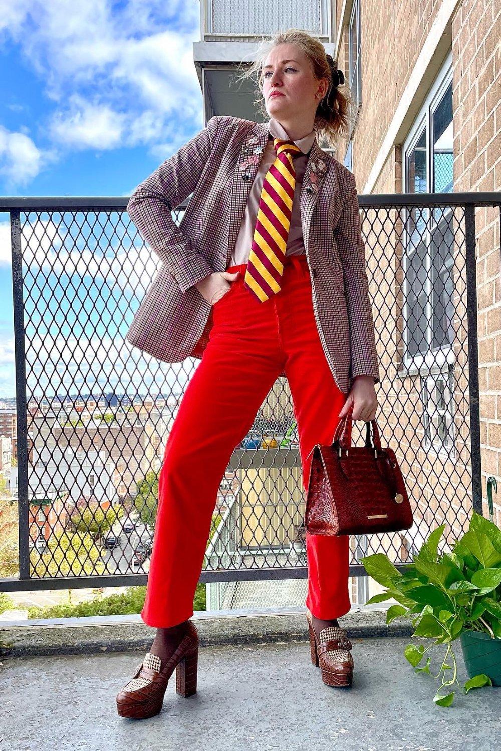 Plaid Blazer and Red Wide-Leg Pants