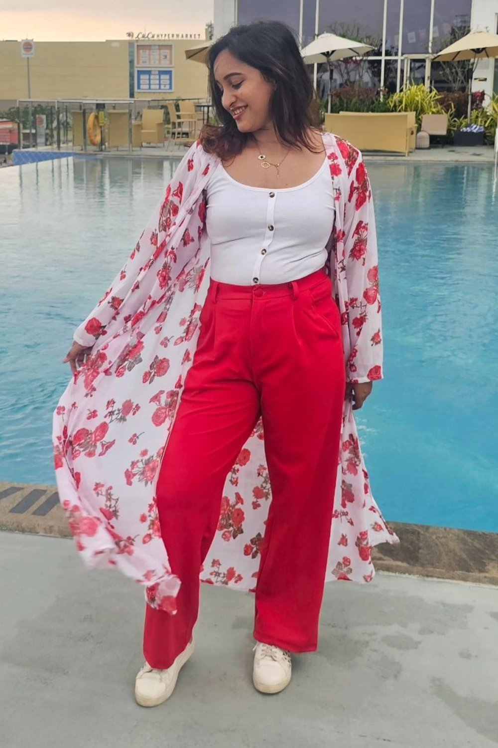 Tank Top, Red Trousers, and Floral Kimono