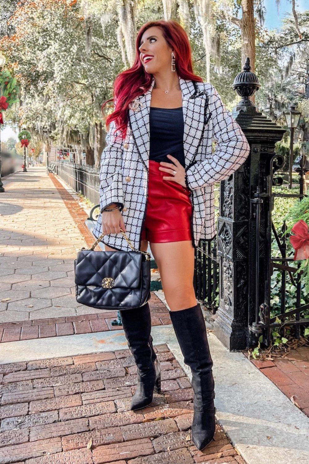 Windowpane Blazer and Red Leather Skirt