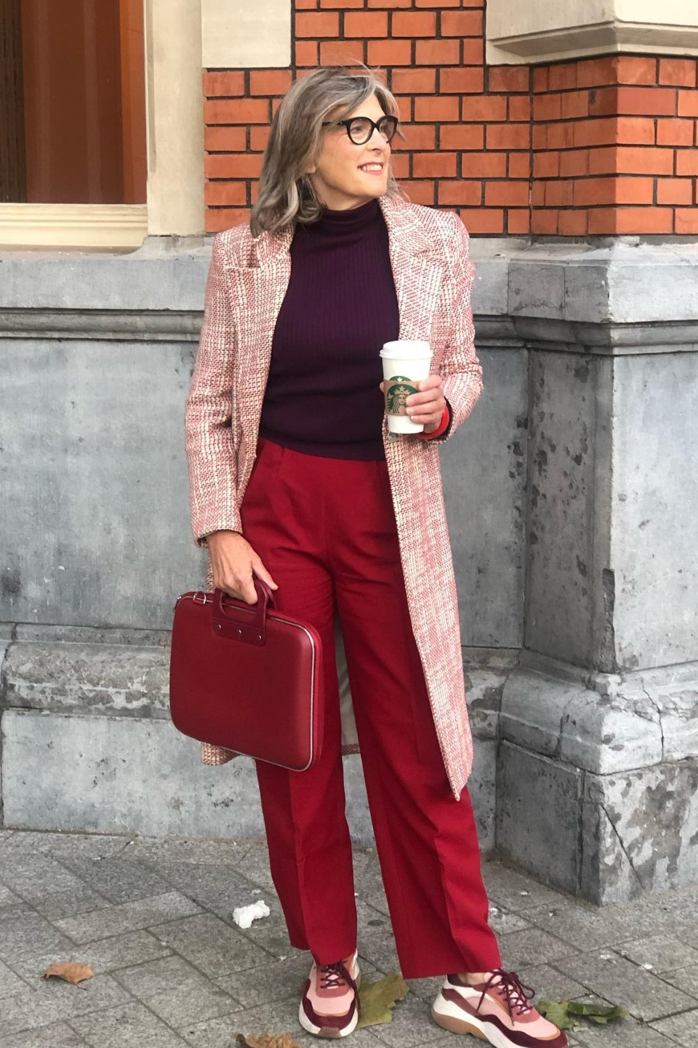 Pink Coat, Burgundy Sweater, and Red Trousers