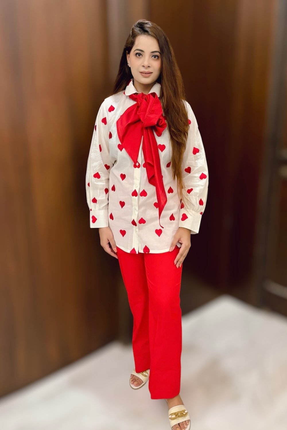 Heart Print Shirt and Red Trousers