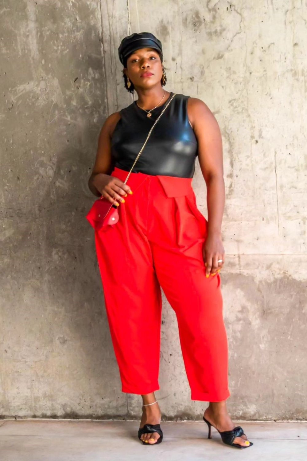 Black Top and Red Wide-Leg Pants