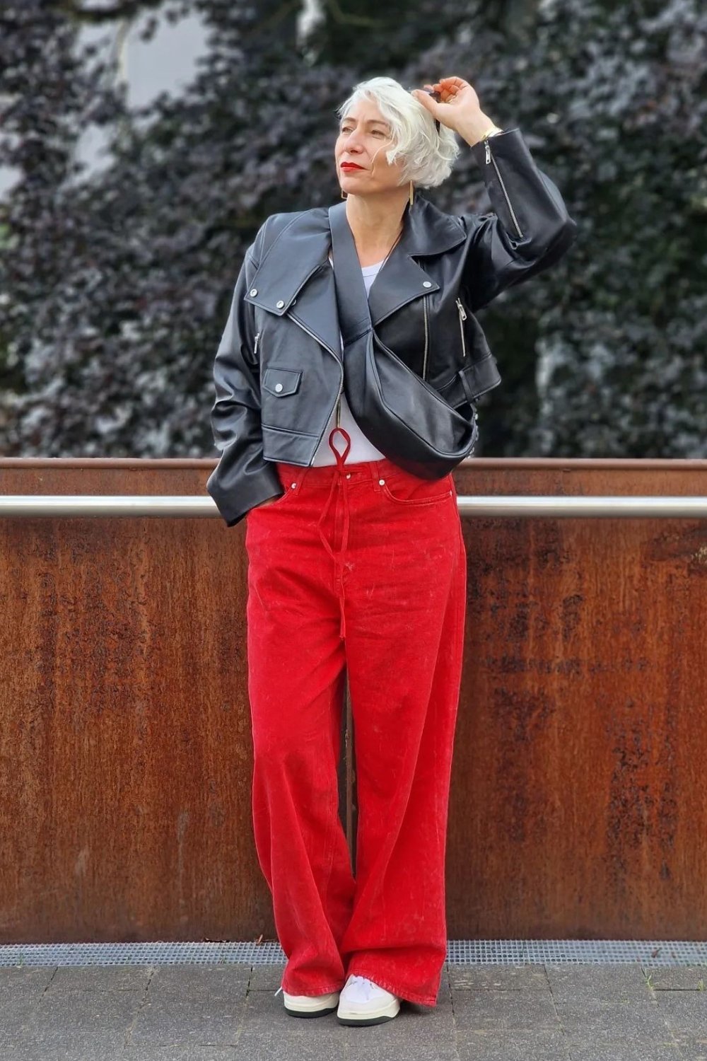 Leather Jacket and Red Wide-Leg Pants