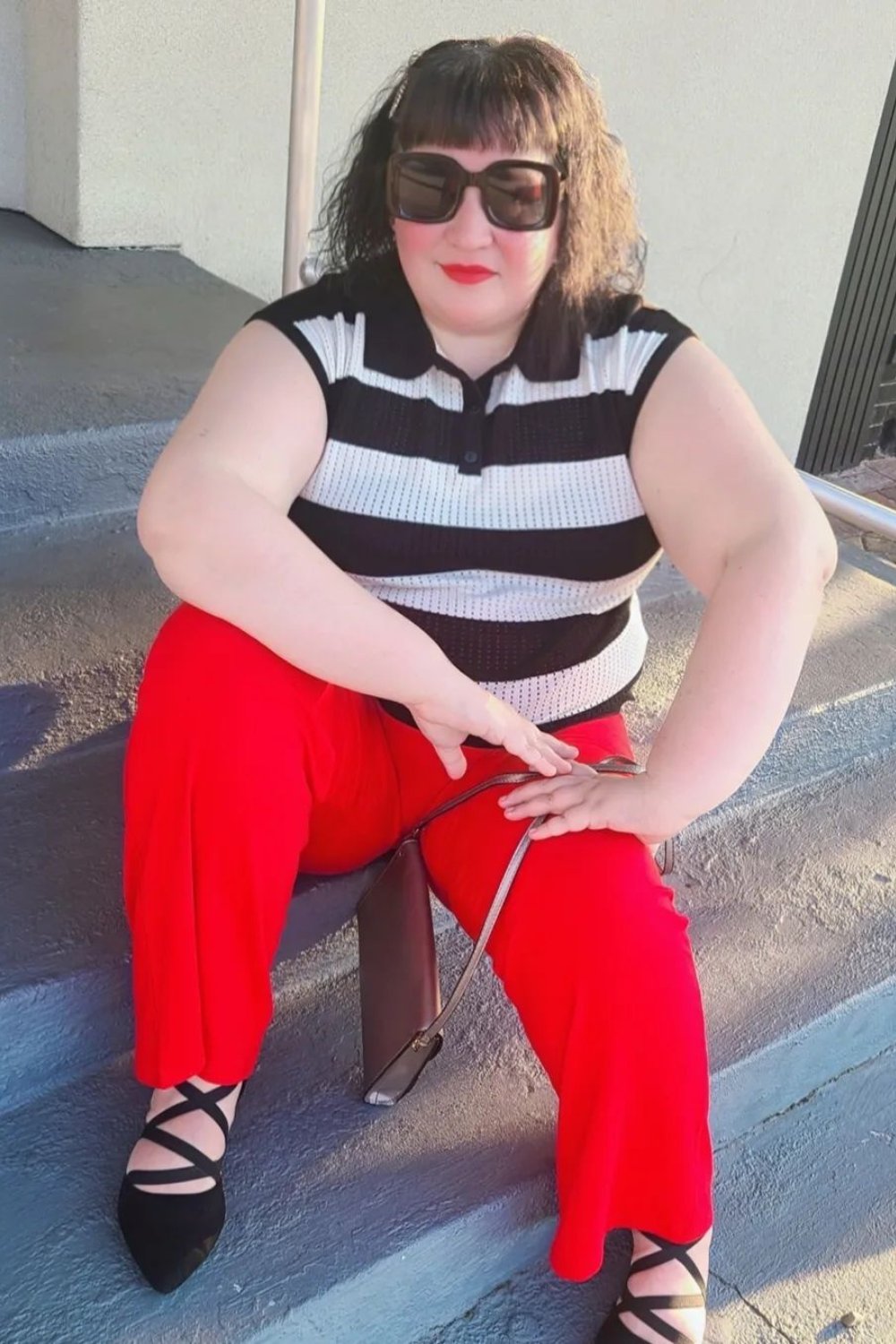 Striped Top and Red Wide-Leg Pants