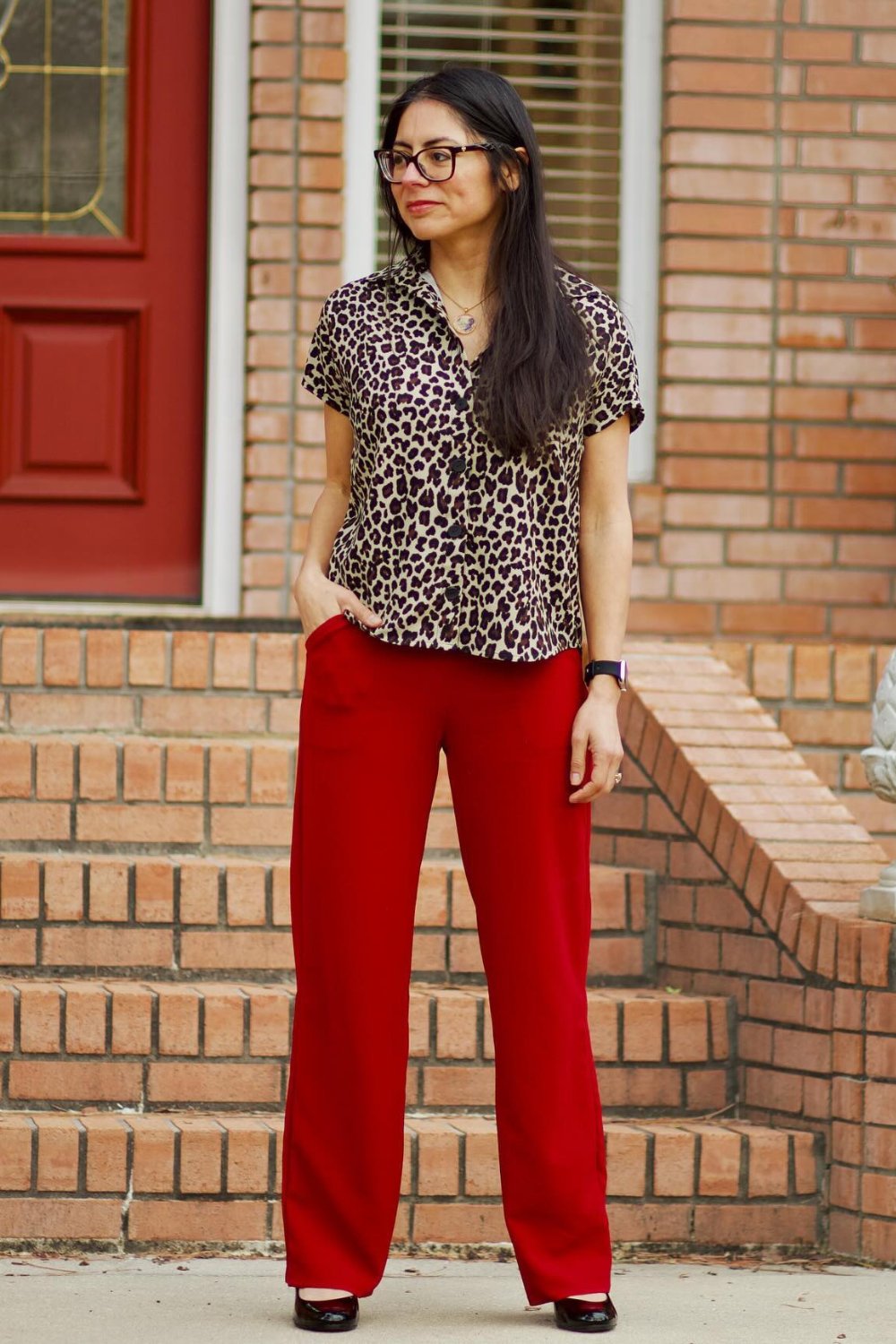 Leopard Print Blouse and Red Wide-Leg Pants