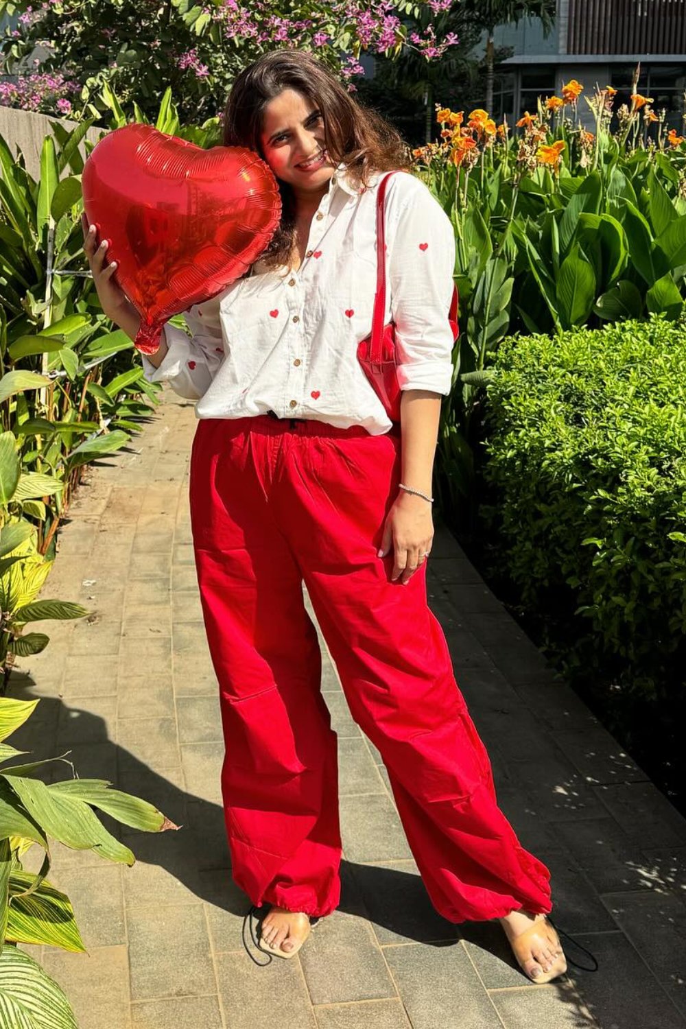 White Button-Up and Red Wide-Leg Pants