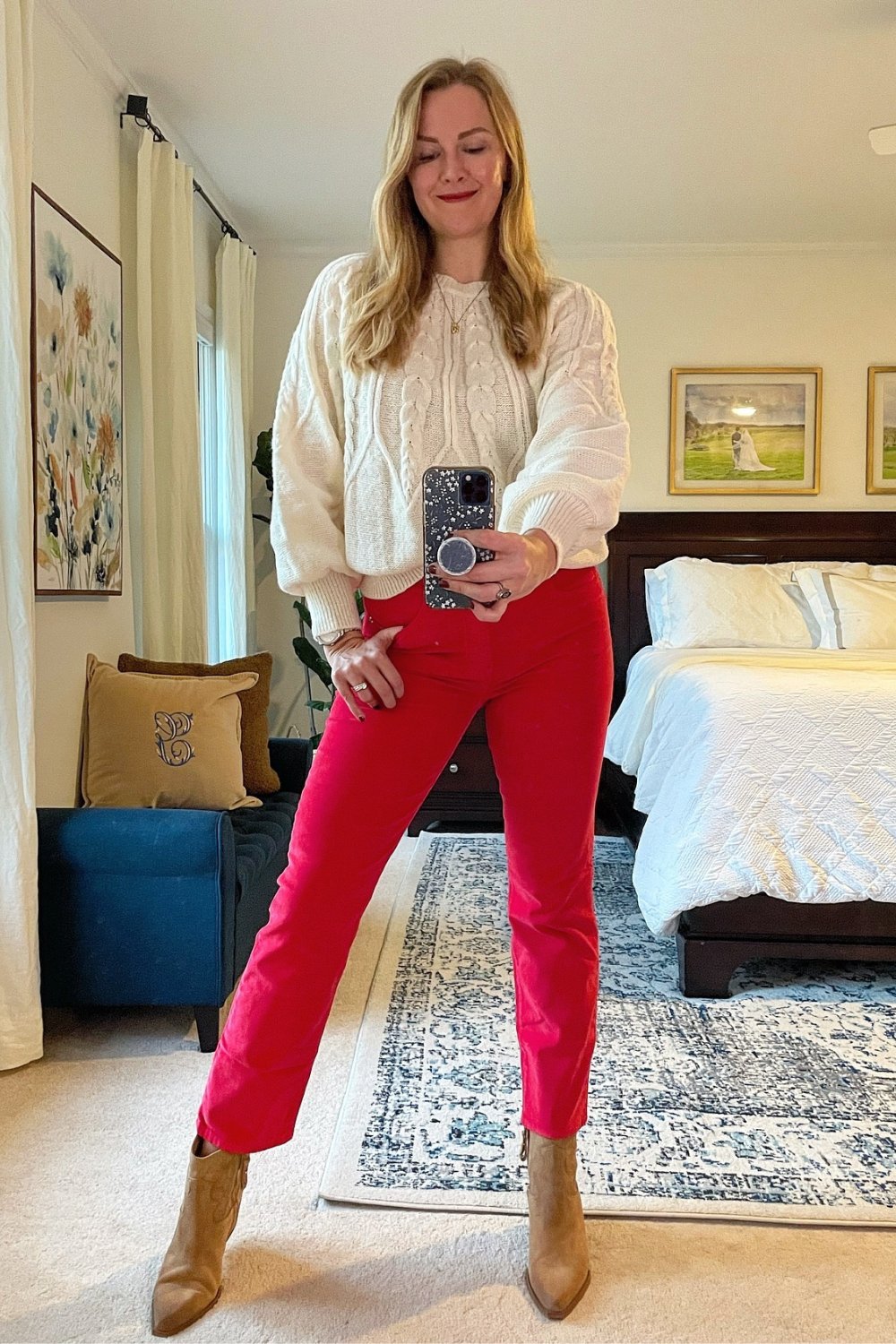 Cable Knit Sweater and Red Straight-Leg Pants