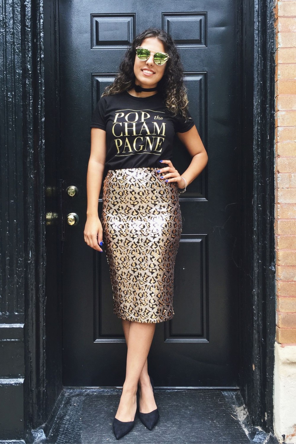 Graphic Tee and Leopard Print Sequin Skirt