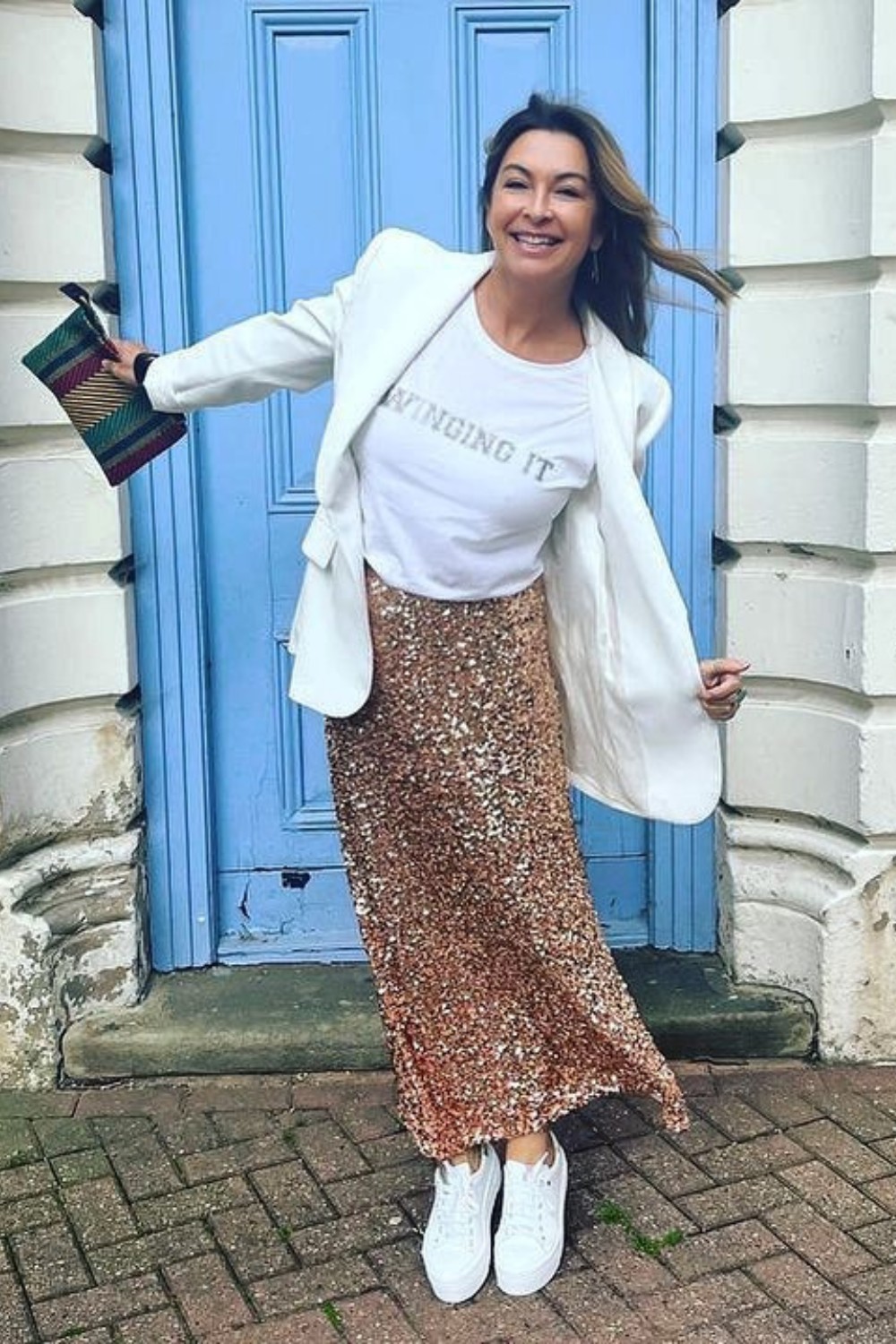 Casual Cool Graphic Tee, Blazer and Sequin Maxi