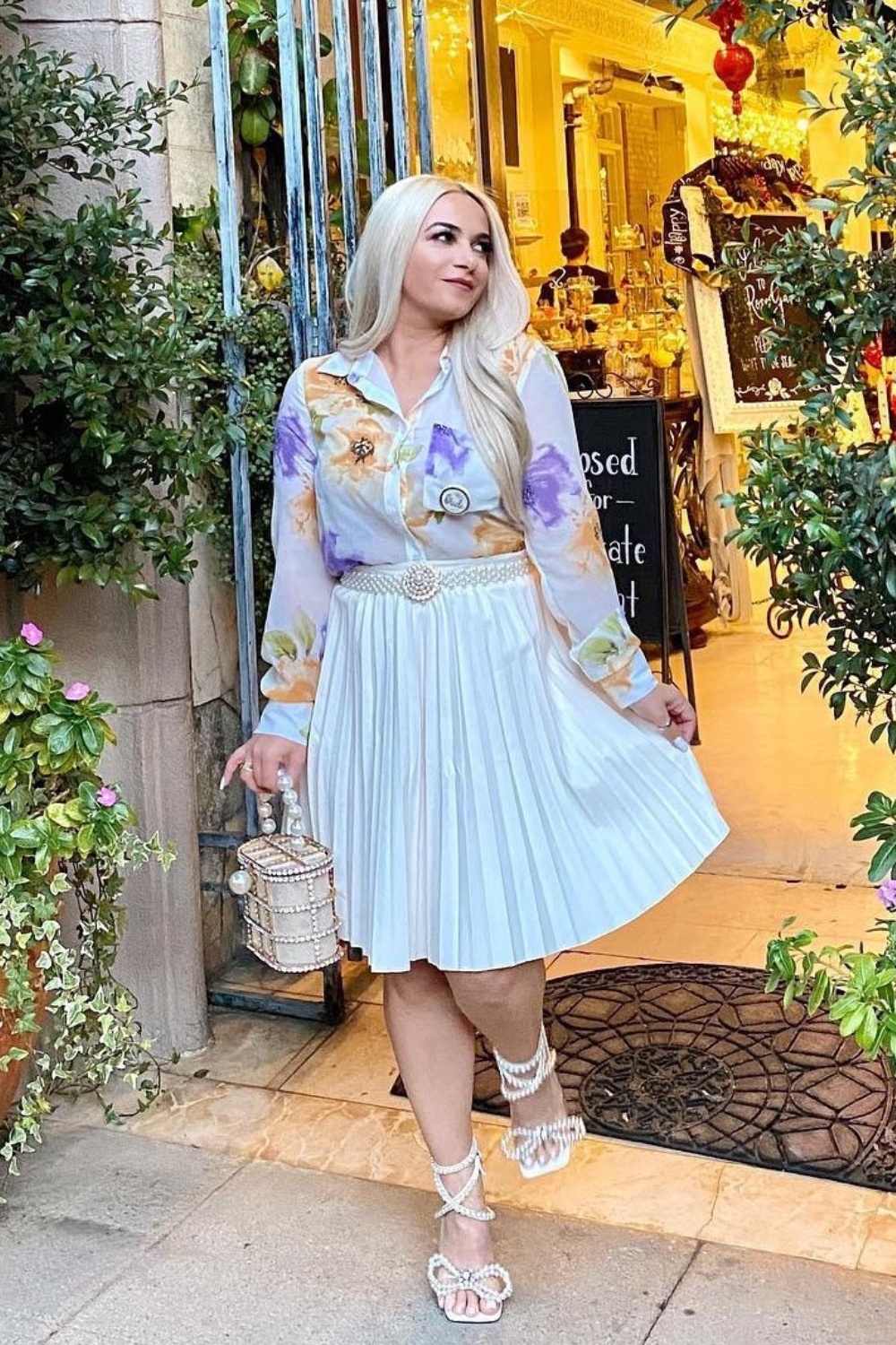 Floral Shirt and Pleated Skirt Combo